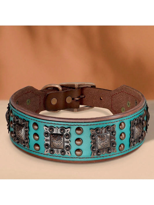 Vintage Luxury Genuine Leather Studded Dog Collar, Adjustable for Medium to Large Dogs, Durable High Quality