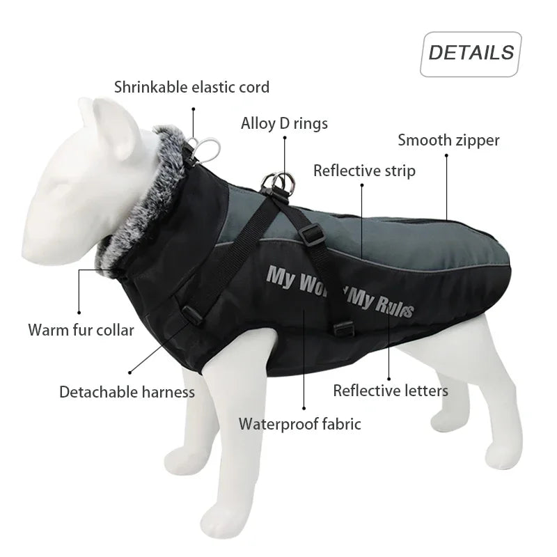 Waterproof Large Dog Clothes Winter Dog Coat with Harness Furry Collar Warm Pet Clothing Big Dog Jacket Labrador Bulldog Costume LATEST