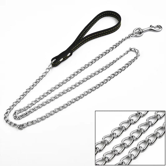 Dog Leash Metal Chain Dog Black 2.0Mm*120Cm with Leather Style Handle Strong Control Leash Pet Supplies Iron Towing Rope