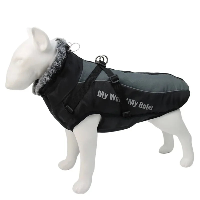 Waterproof Large Dog Clothes Winter Dog Coat with Harness Furry Collar Warm Pet Clothing Big Dog Jacket Labrador Bulldog Costume LATEST