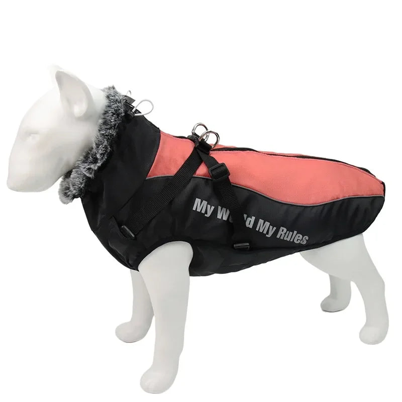 Waterproof Large Dog Clothes Winter Dog Coat with Harness Furry Collar Warm Pet Clothing Big Dog Jacket Labrador Bulldog Costume LATEST