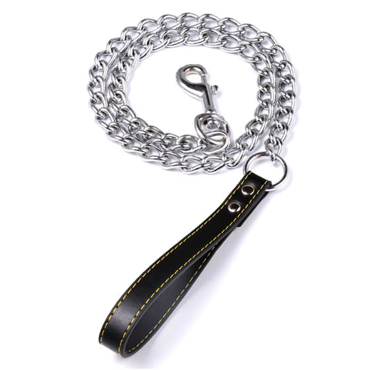 Dog Leash Metal Chain Dog Black 2.0Mm*120Cm with Leather Style Handle Strong Control Leash Pet Supplies Iron Towing Rope