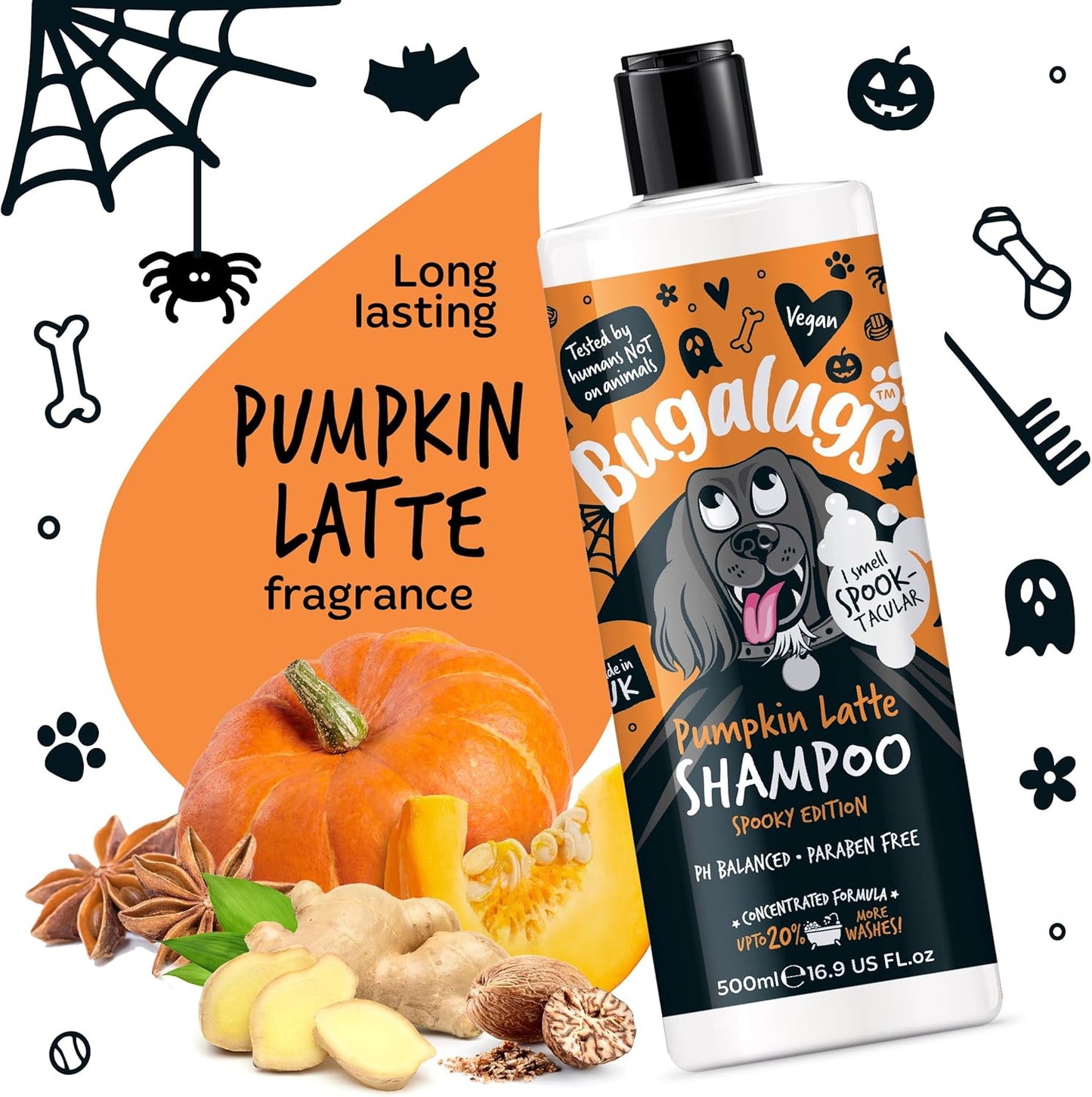 Pumpkin Latte Dog Shampoo Spooky Edition - Ghoulishly Good Grooming Products in a Fangtastic Fragrance. Dog & Puppy Shampoo, Vegan, Ph Balanced, Paraben Free & Made in the UK (Shampoo 500Ml)