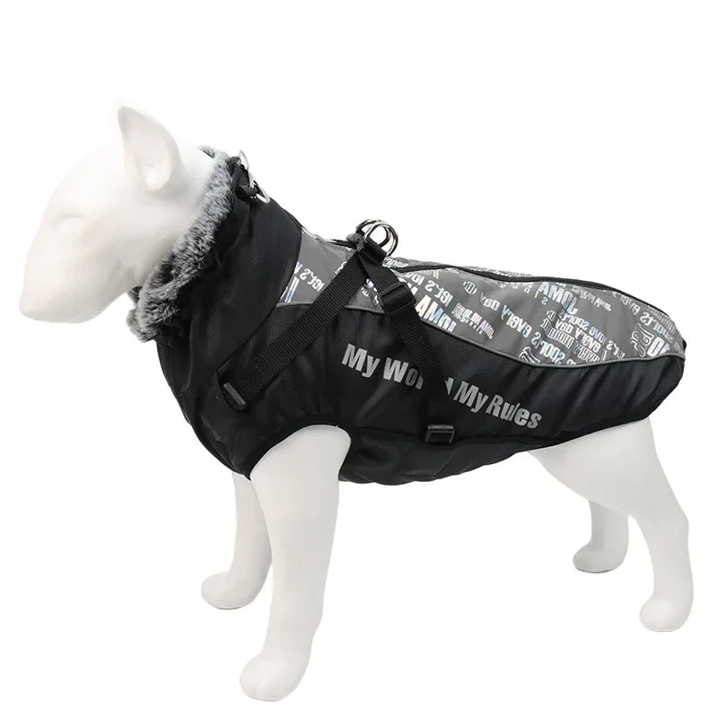 Waterproof Large Dog Clothes Winter Dog Coat with Harness Furry Collar Warm Pet Clothing Big Dog Jacket Labrador Bulldog Costume LATEST