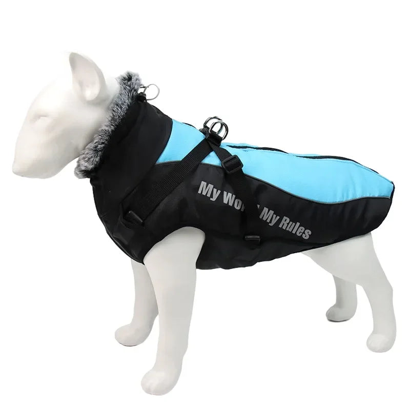 Waterproof Large Dog Clothes Winter Dog Coat with Harness Furry Collar Warm Pet Clothing Big Dog Jacket Labrador Bulldog Costume LATEST